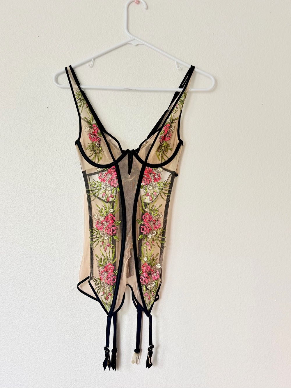 Victoria's Secret Pink Floral Embroidered Sheer Bodysuit with Black Trim